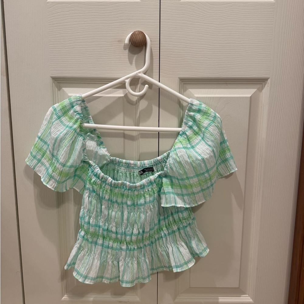 Zara Green and White Plaid Blouse